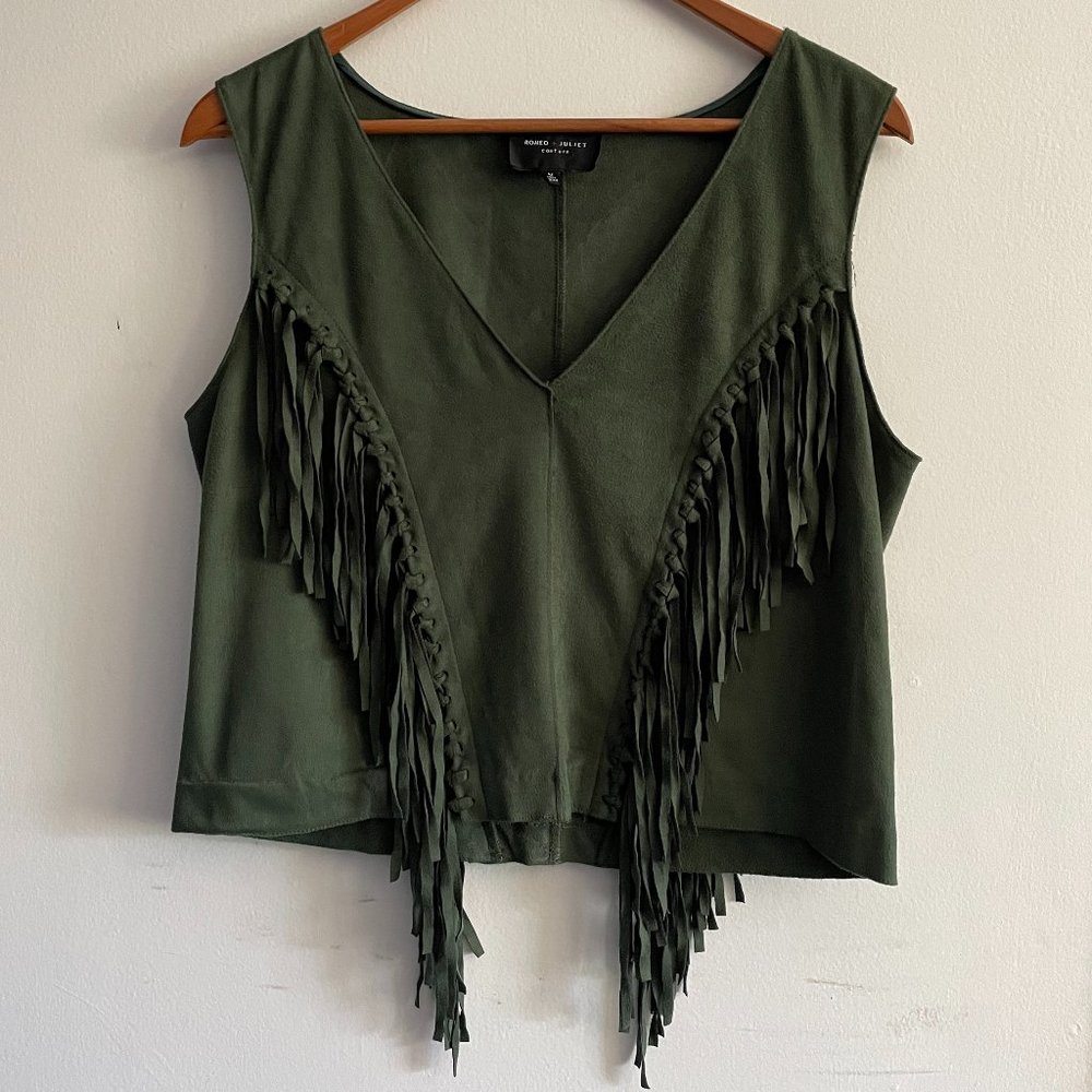 Dark Green Fringe V Neck Top